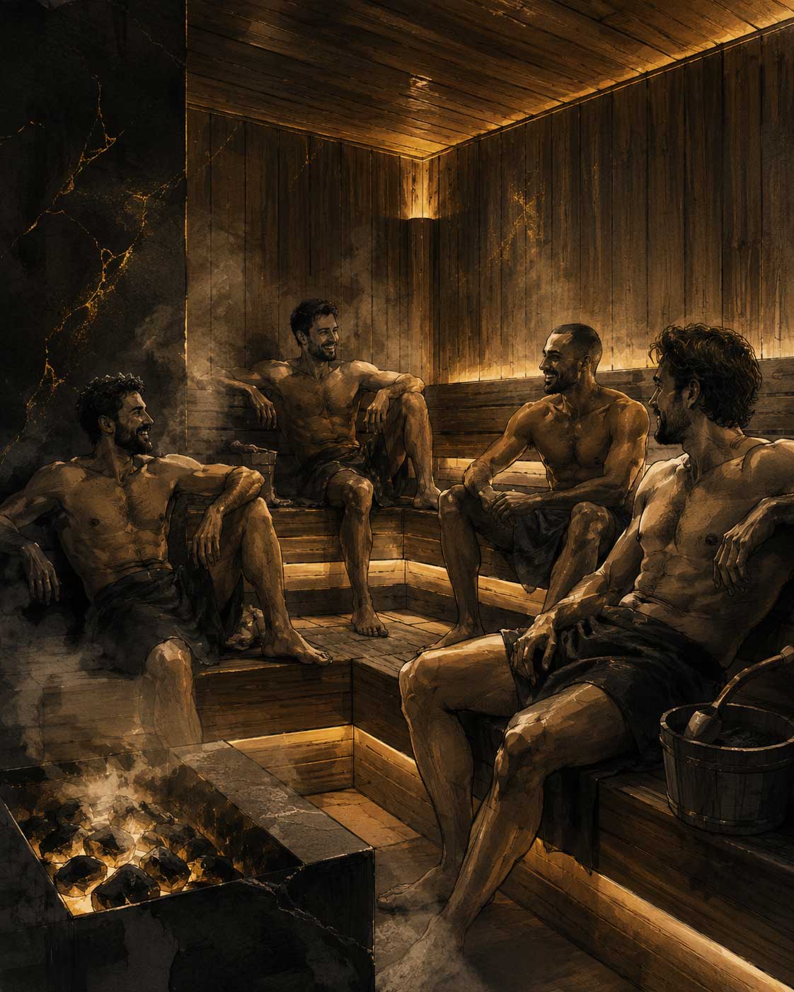 Men relaxing in a ClubZeus sauna cabin
